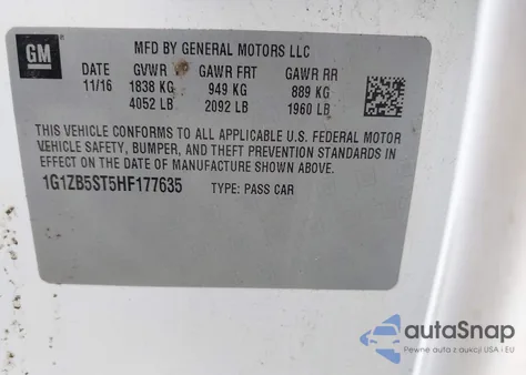 2017 Chevrolet Malibu Ls z USA, uszkodzony, nr VIN 1G1ZB5ST5HF177635